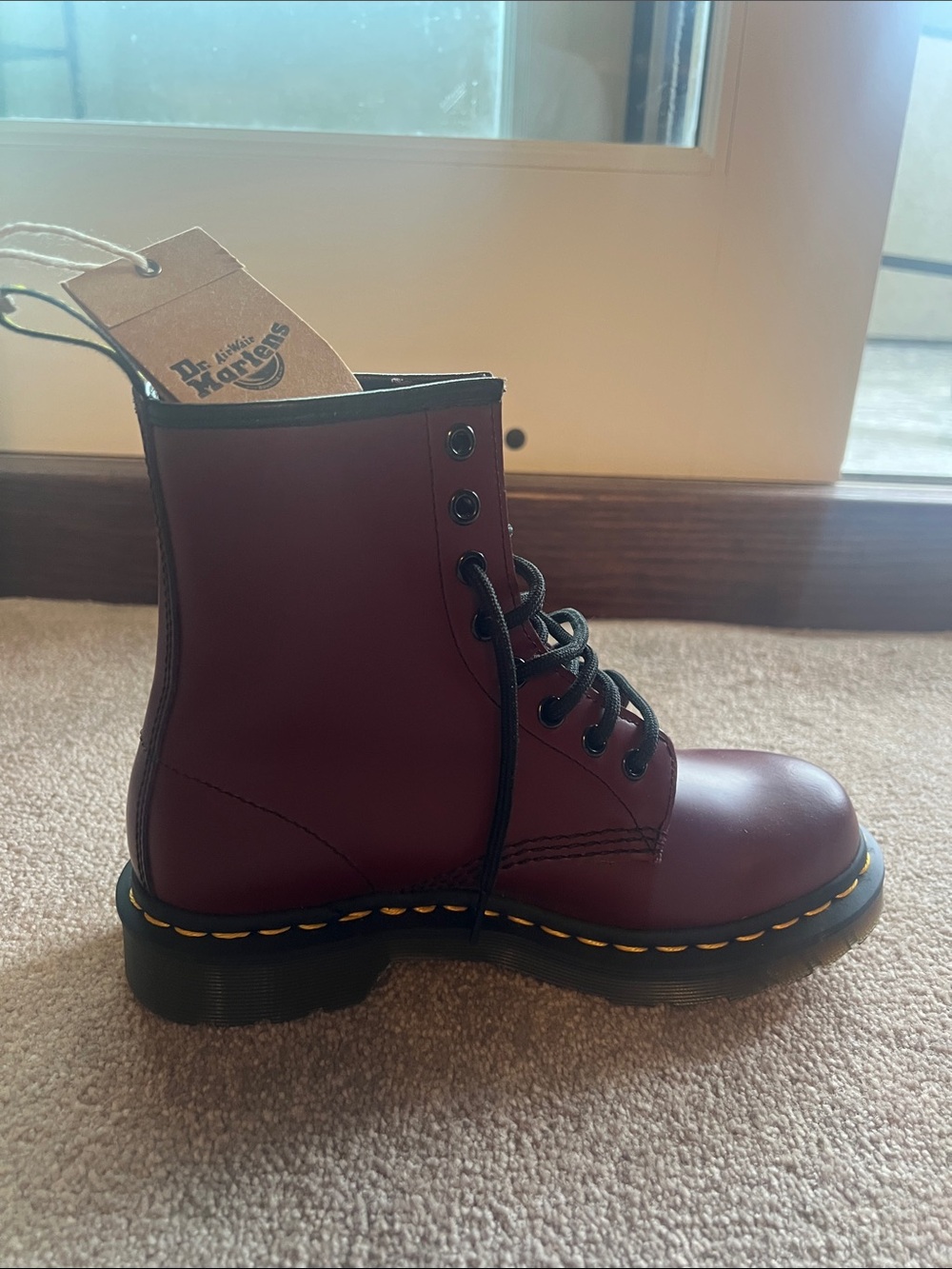 New Dr. Martens Burgundy Leather 8-Eye Boot with Yellow Stitching